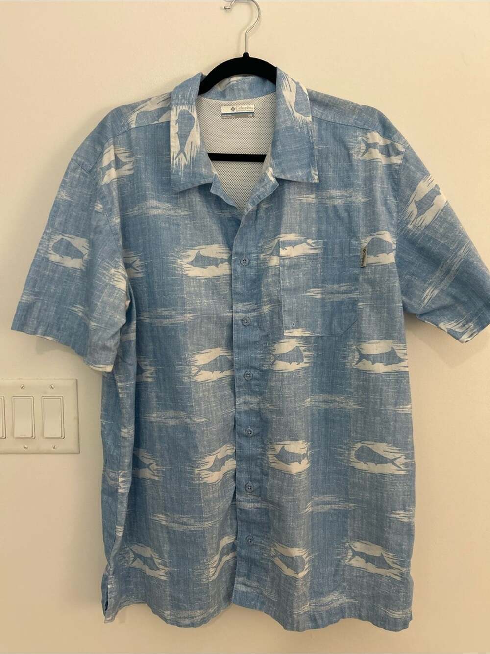 Columbia PFG Men’s Large Fish Print Fishing Shirt Blue 100% Cotton Vented